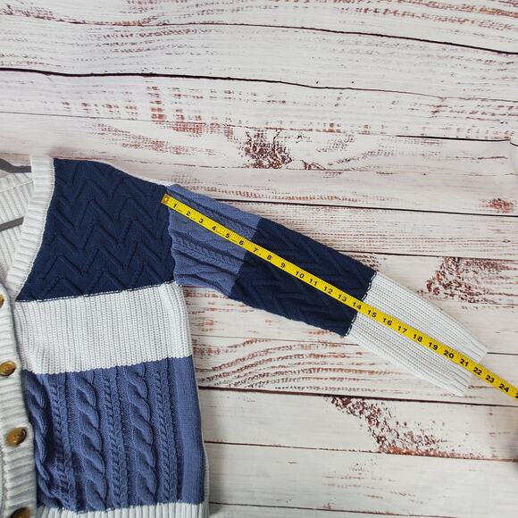 Olivia Sky Retro Grandma Sweater L Blue Chunky Mixed Media Knit Cozy Cardigan - Picture 9 of 11